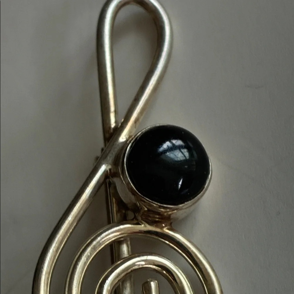 Silpada Silver-Tone Treble Clef Brooch with Black Cabochon